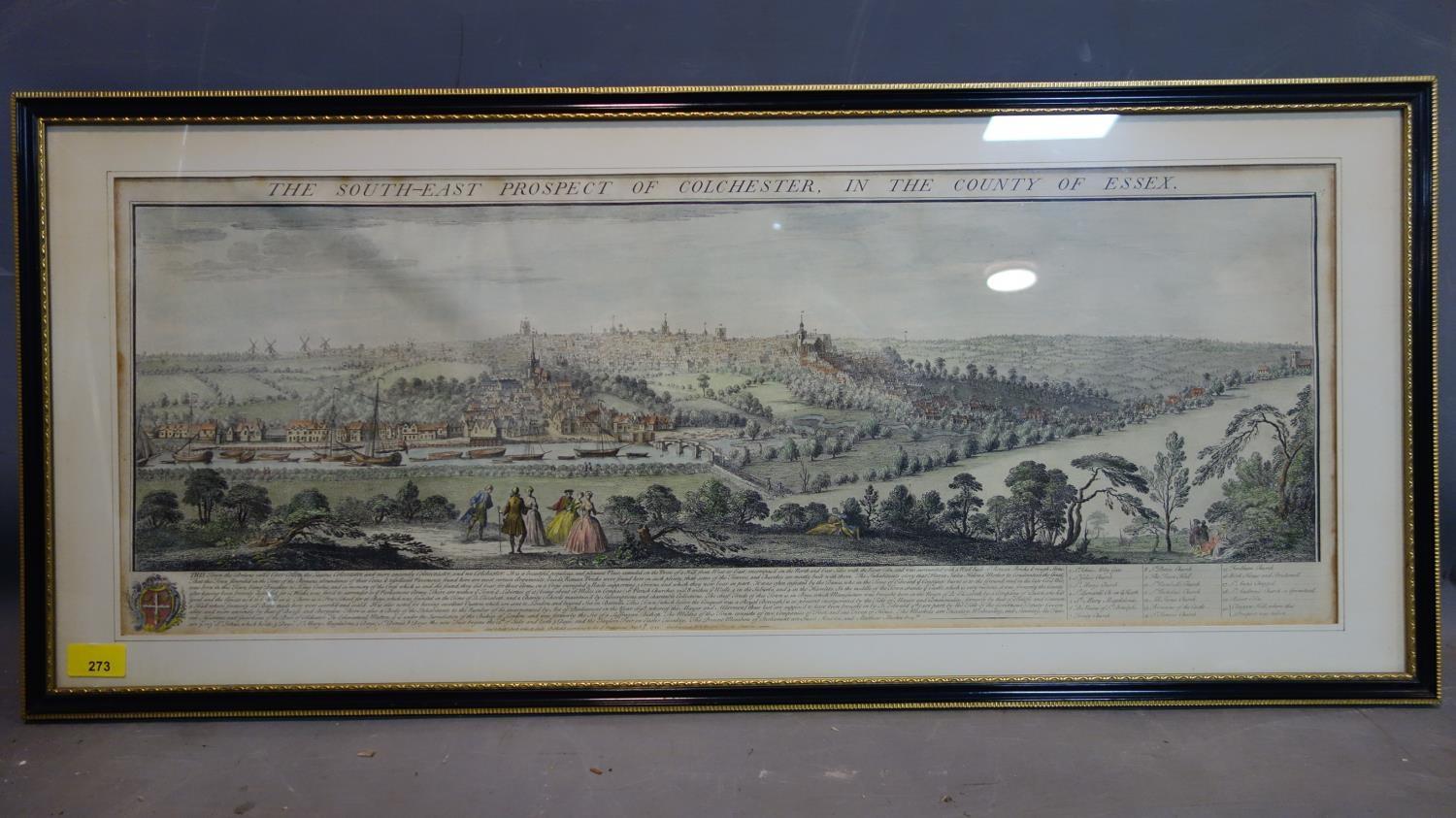 An 18th century coloured engraving titled 'the south east prospect of Colchester in the county of