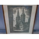 Fritz Rohre (German), a woodcut print of a street scene with a church, signed and inscribed in