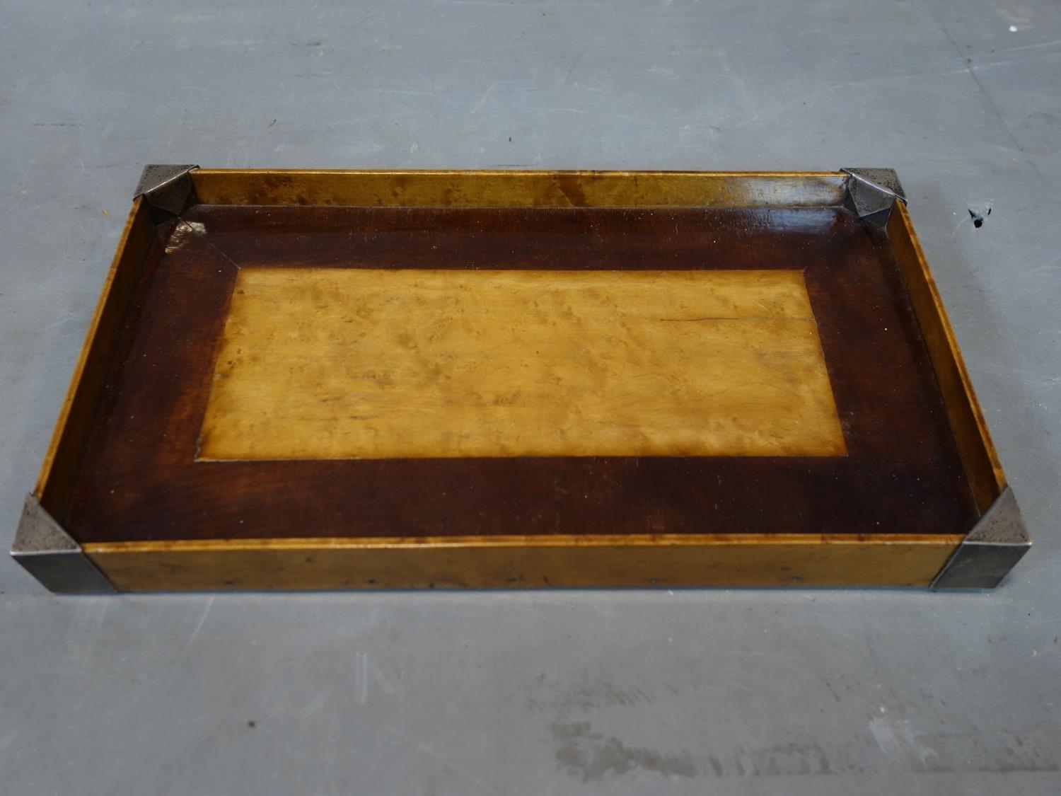 A 19th century maple and mahogany tray with silver mounted corners, H.4 W.35 D.20cm