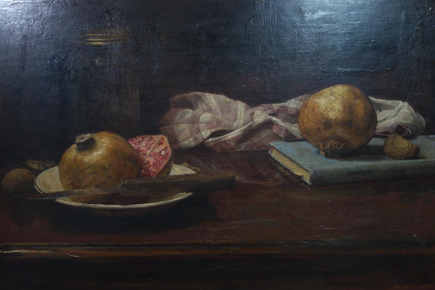 George Weissbort (1928-2013), Still life of pomegranates, passion fruit, a book, a jar and a table