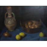 George Weissbort (1928-2013), Still life of a jug, a copper pot of onions, an apple and two lemons