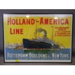 A framed advertising poster for the Holland-America Line, with an image of a cruise liner, 49 x 69cm
