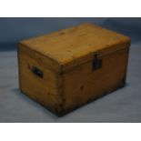 An antique pine trunk, stud bound, H.34 W.56 D.38cm