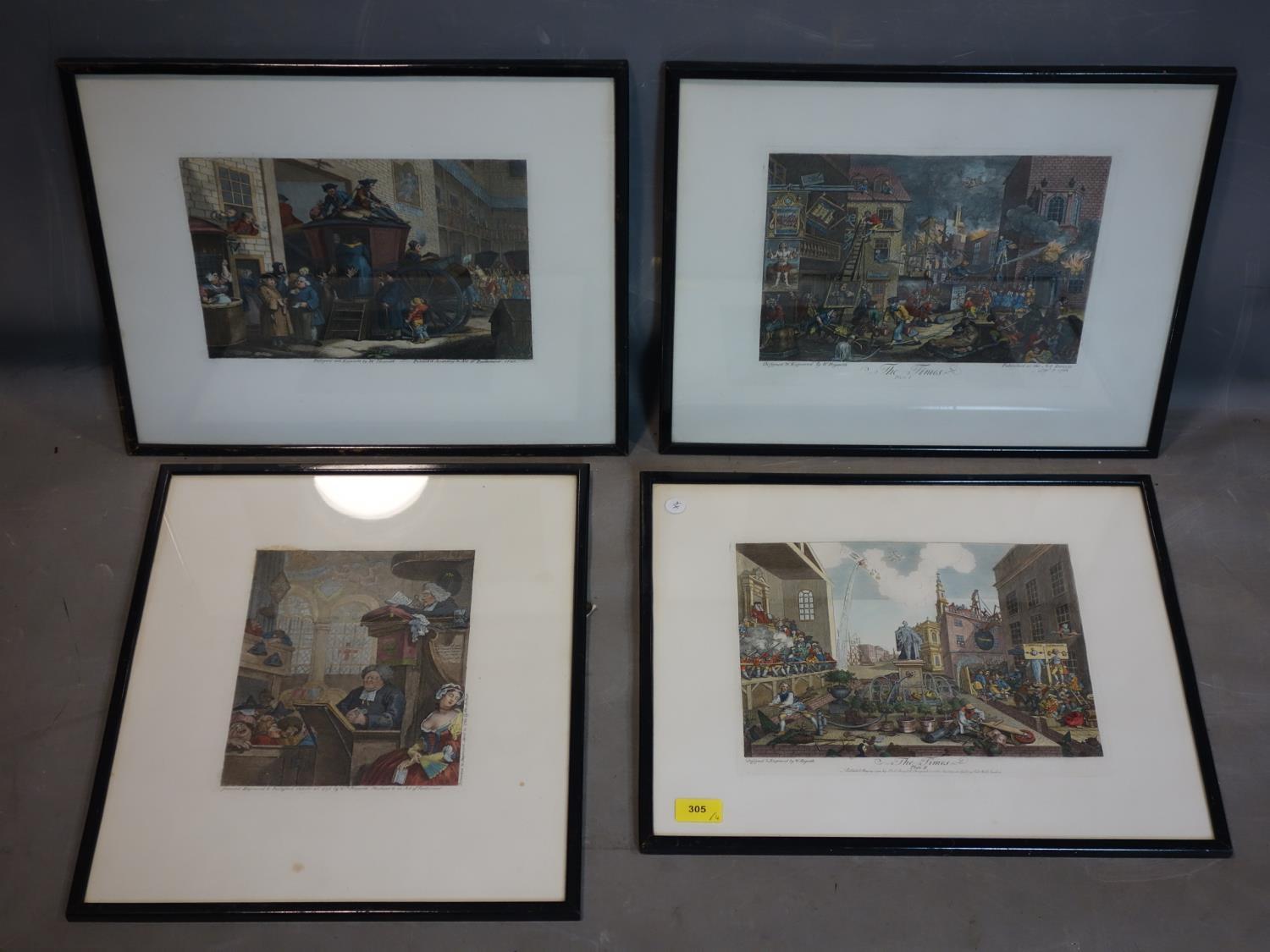 A set of 4 coloured Hogarth engravings with Ryman & Co label to verso, 26 x 31cm