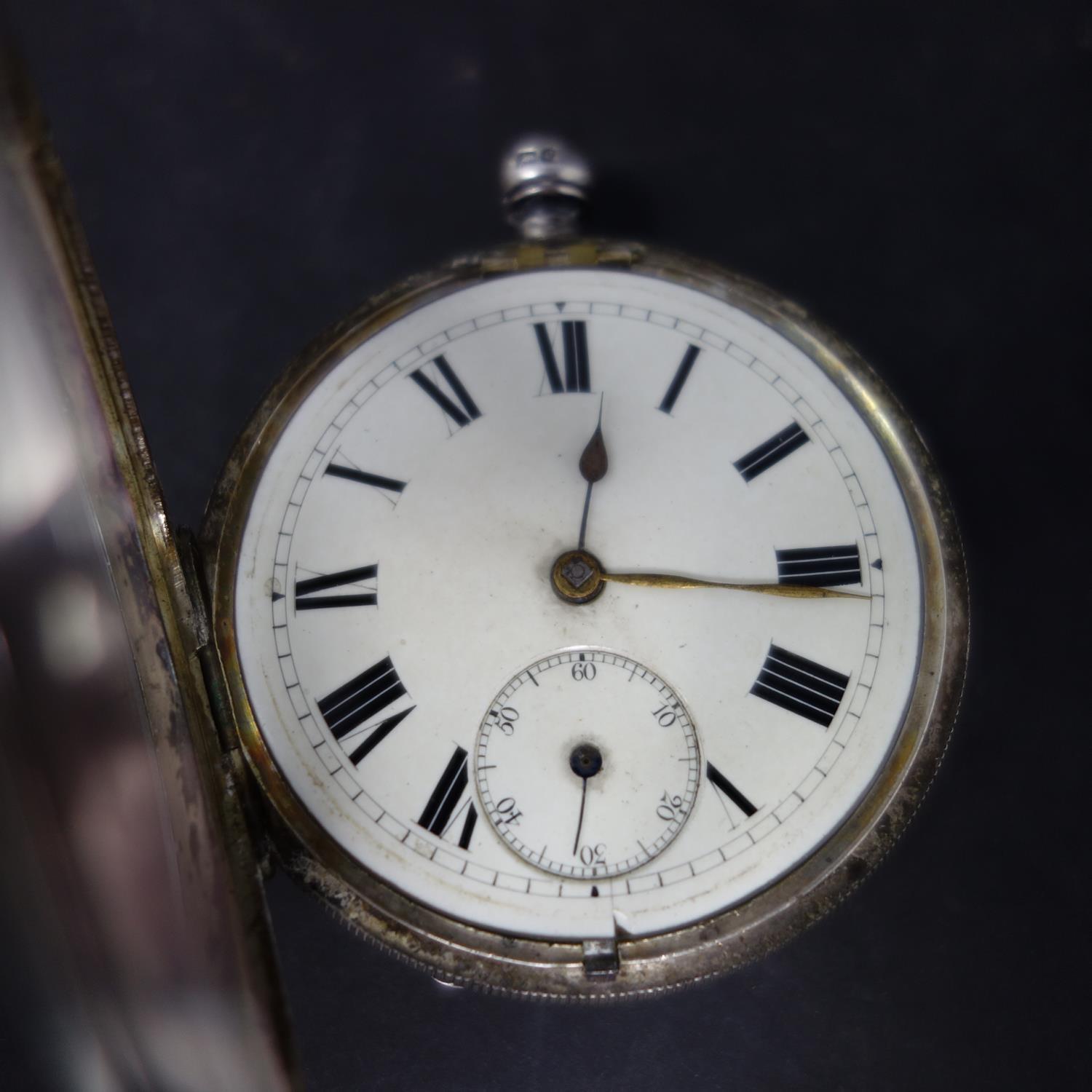 A silver open face pocket watch, Chester 1902, white Roman dial, seconds subsidiary dial at 6, - Image 3 of 3