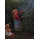 A late 19th/early 20th century oil on canvas depicting 2 girls picking berries, signed lower