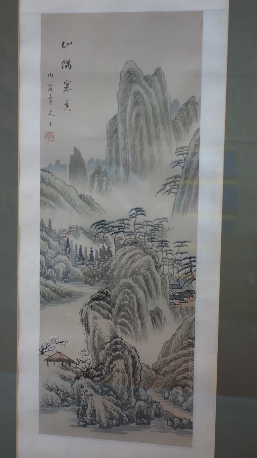 Four Chinese watercolours of houses in mountainous landscapes, bearing Chinese characters and seal - Image 4 of 5