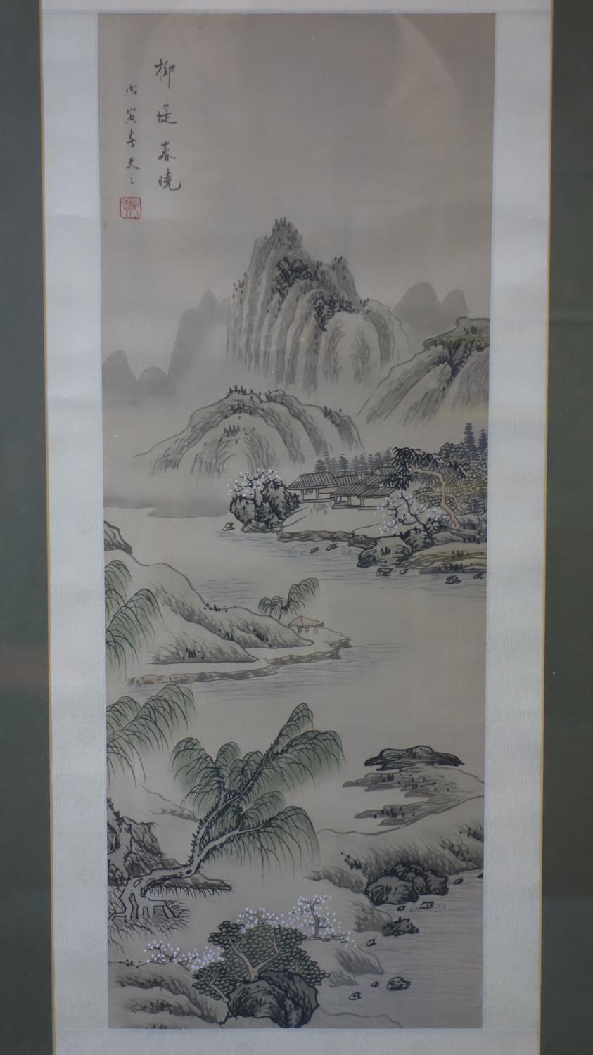 Four Chinese watercolours of houses in mountainous landscapes, bearing Chinese characters and seal - Image 2 of 5