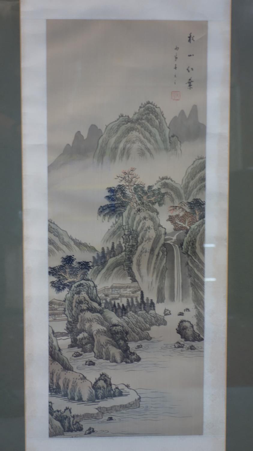 Four Chinese watercolours of houses in mountainous landscapes, bearing Chinese characters and seal - Image 3 of 5
