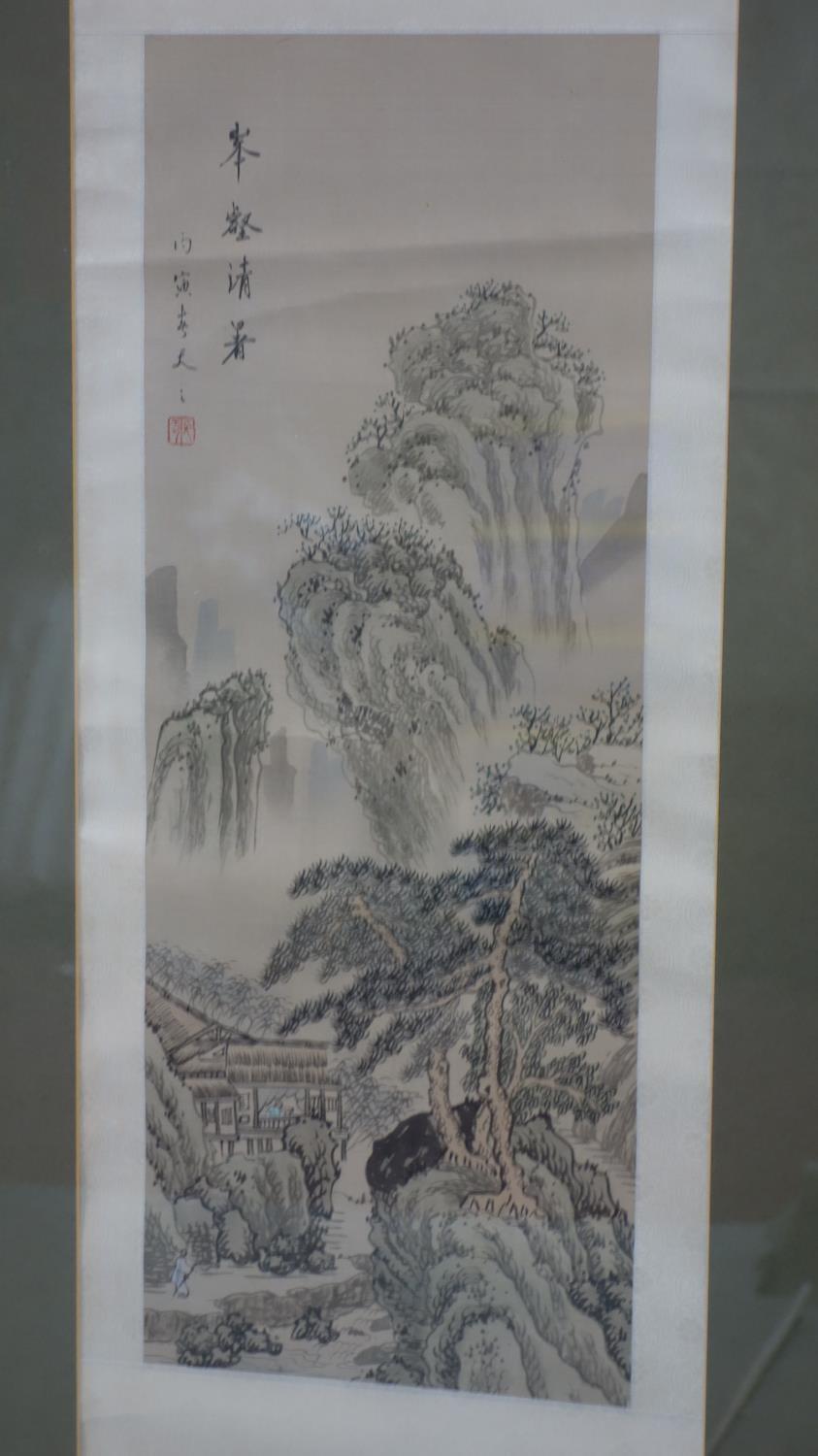 Four Chinese watercolours of houses in mountainous landscapes, bearing Chinese characters and seal - Image 5 of 5