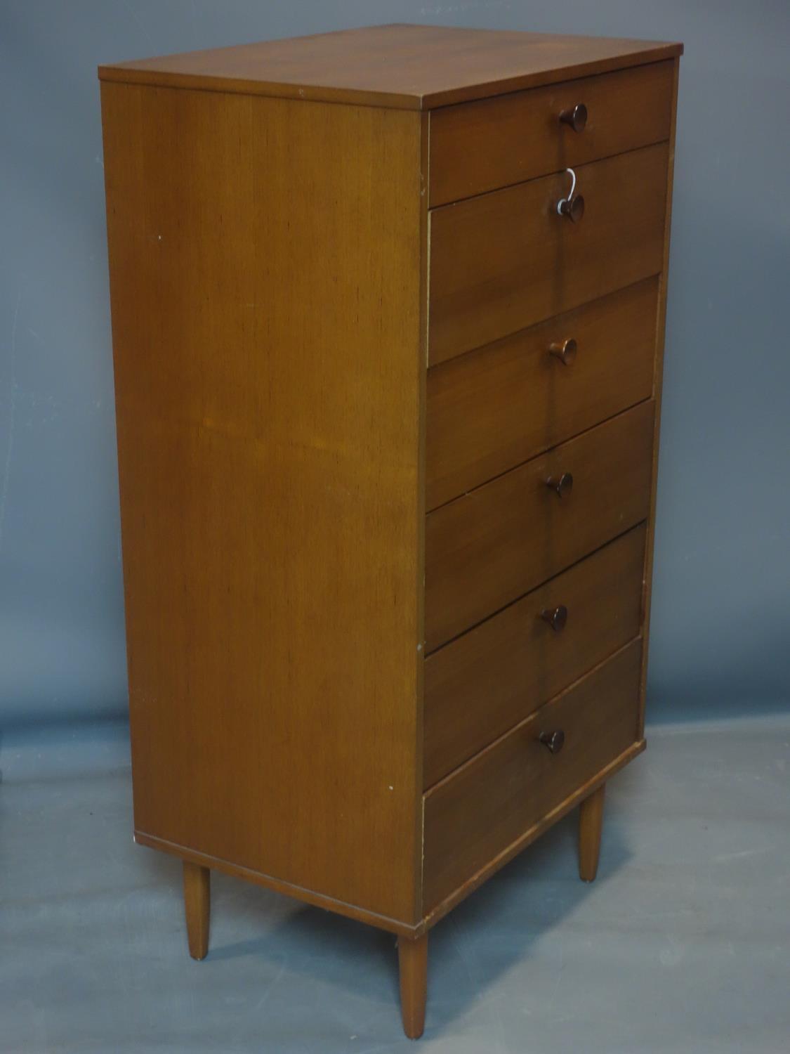 A 20th century teak pedestal chest of 6 drawers, raised on tapered legs, H.118 W.62 D.44cm - Image 2 of 3