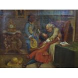 Mid 19th century Danish school, Figures in an interior scene, oil on canvas, monogrammed 'LN' and