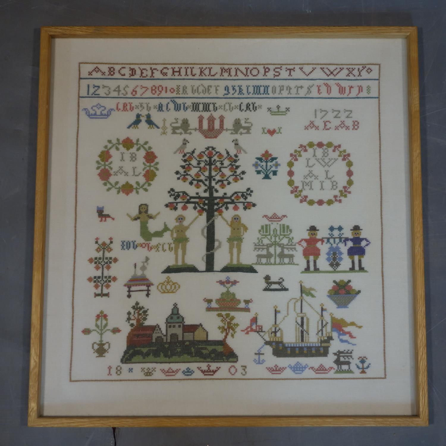 A collection of five 20th century Danish needlework samplers, with alphabets, numbers, figures, - Image 4 of 4