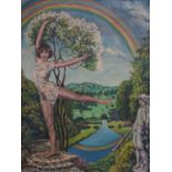 Pamela D. Boden, girl standing on one leg in garden under a rainbow, oil on canvas, signed and dated