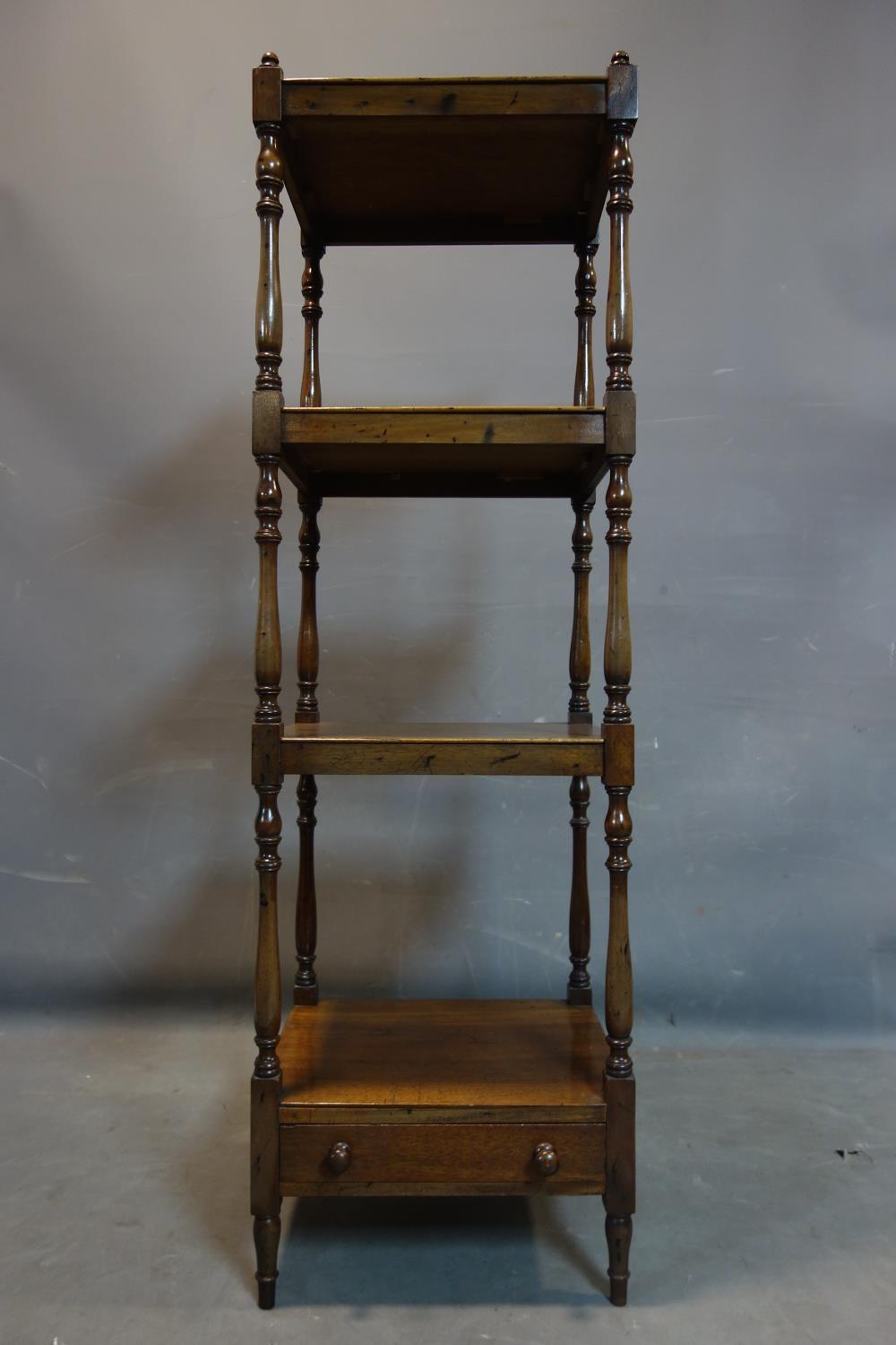 A 19th century mahogany 4 tier whatnot, with drawer and turned supports, H.132 W.40 D.36cm - Image 2 of 2