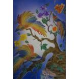 A print on textile of birds of paradise on branches, 91 x 69cm