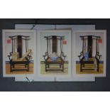 Michel Lablais (French, 1925-2017), three lithographs of Chinese objects on hardwood armchairs, each