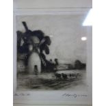 A 20th century etching of a windmill, signed in pencil, 19 x 16cm