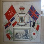 A WWI embroidered panel 'Flags of the Allies', a silk based example in original mount and oak glazed