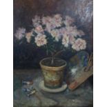 Georges Stimart (1886-1952), Still life of flowers in a pot and painters pallet, oil on canvas, in
