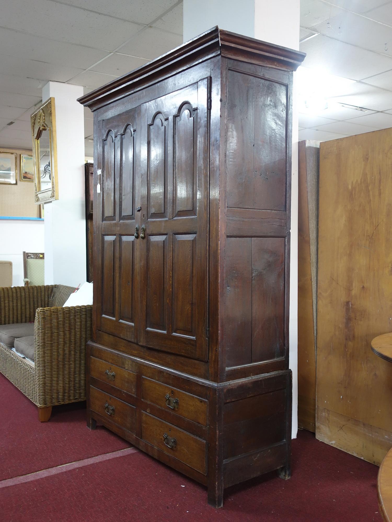 An early 18th century oak panelled linen press, c.1730, H.208 W.137 D.54cm - Image 2 of 4