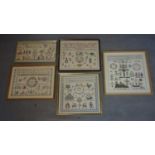 A collection of five 20th century Danish needlework samplers, with alphabets, numbers, figures,