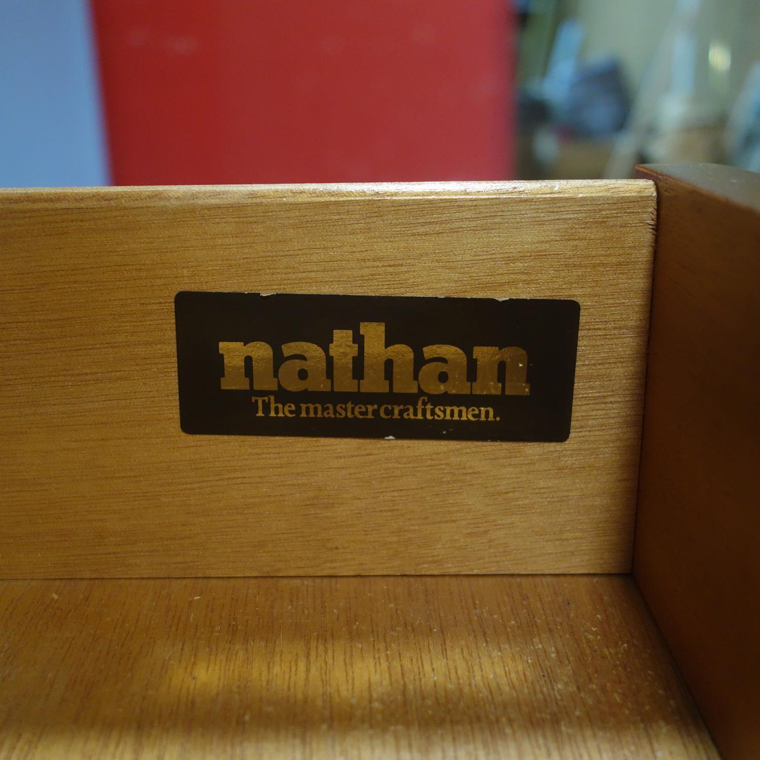 A 20th century teak bookcase with 2 drawers and 2 sliding glass doors, label for Nathan, H.108 W.102 - Image 3 of 3