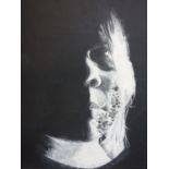 A monochromatic oil on canvas of a face half in darkness, unsigned, 50 x 40cm
