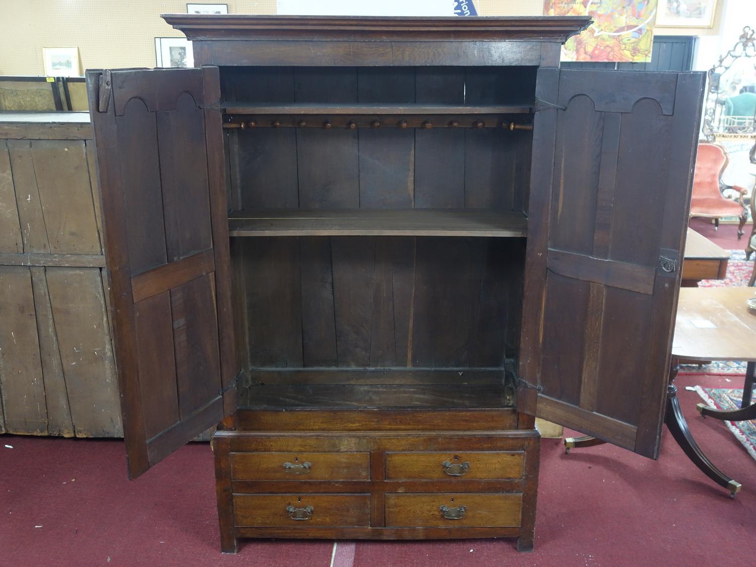 An early 18th century oak panelled linen press, c.1730, H.208 W.137 D.54cm - Image 4 of 4