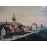 An 18th / 19th century Dutch automaton oil on panel of a town, missing automaton, to include slot