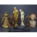 A various collection of resin figures together with 2 African hardwood figures