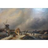 Attributed to Charles Henri Joseph Leickert (1816-1907), Dutch winter scene with windmill, oil on