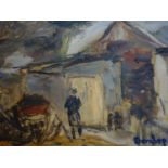 Ronald Ossory Dunlop RA (1894-1974), sketch of a figure by the side of outbuildings, oil on