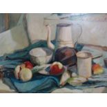 Frederick Smets (1895-1982), Still life of fruit, teapot and hot water pot, oil on panel, signed