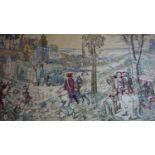 A 20th century wall hanging tapestry depicting noblemen on horseback with castle to background,