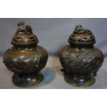 Two large Japanese bronze koro (incense burners) by Kyoto Yoshida, the bodies modelled in high