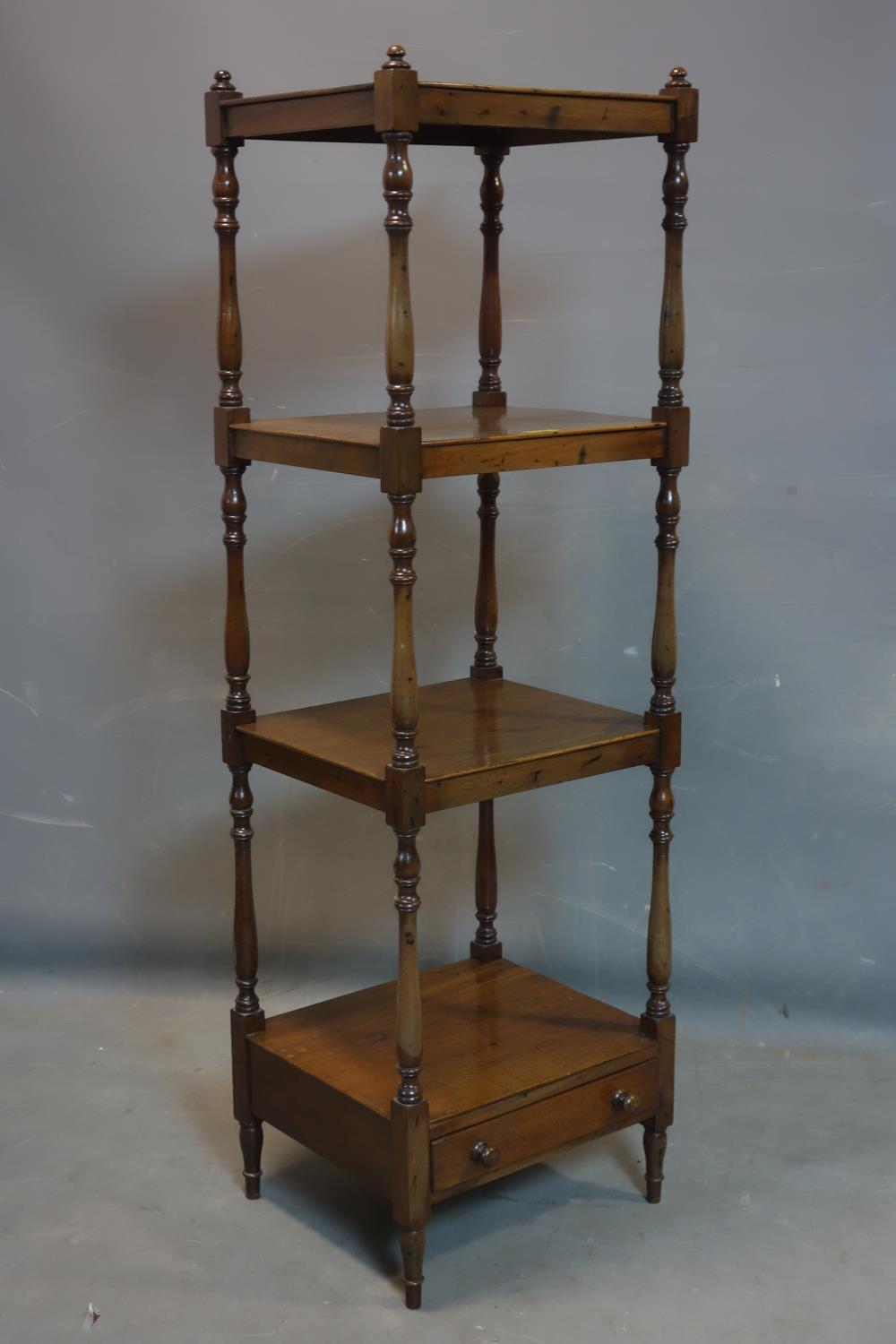 A 19th century mahogany 4 tier whatnot, with drawer and turned supports, H.132 W.40 D.36cm