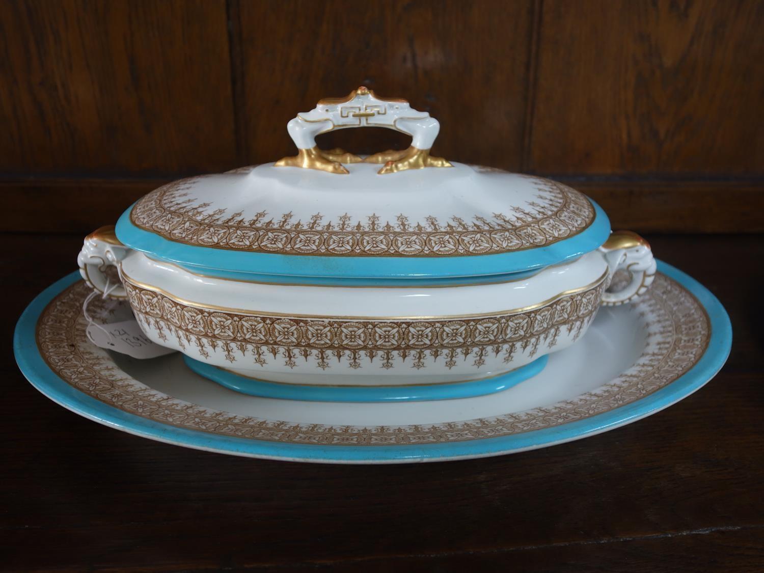 A Royal Worcester part dinner service, with turquoise rim and gilt floral border, marked to bases, - Image 2 of 5