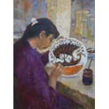 Sylvia Clark Molloy (British, 1914-2008), 'Plate Painter', oil on canvas, 76 x 60cm