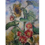 Hermann Fechenbach (1897-1986), unframed study of 'Sunflowers and Hollyhocks', oil on canvas, signed
