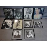 A collection of 10 framed photographic prints of movie stars, including Marlon Brando, Marilyn