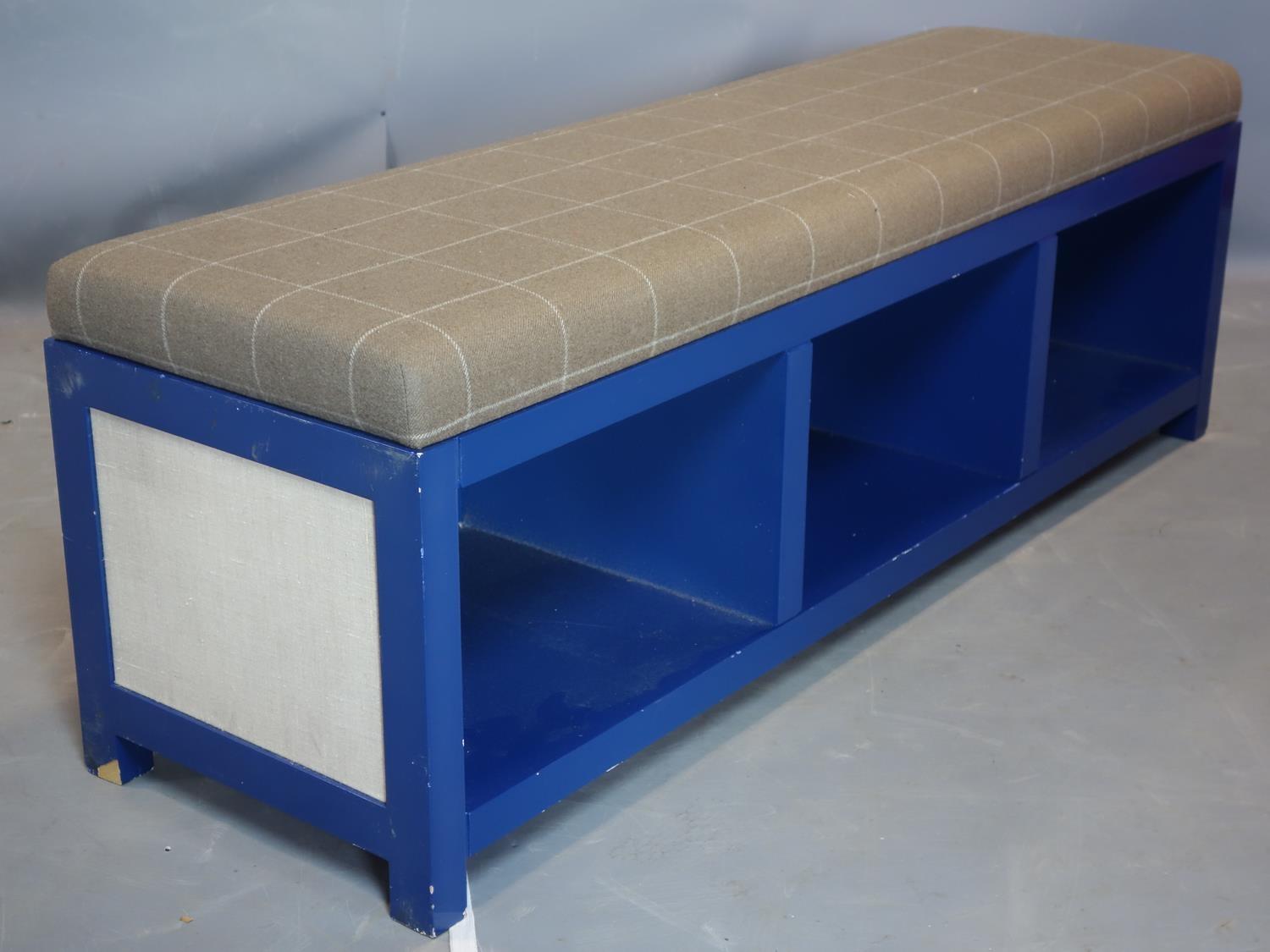 A Bernhardt Interiors ottoman bench with grey checked upholstered seat above blue painted base on - Image 2 of 2