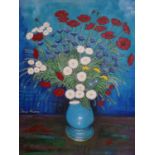 Dave Wilson (Contemporary British), Flowers in a blue vase, oil on canvas, signed, 50 x 40cm