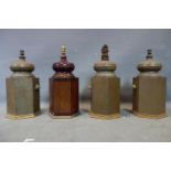 Four hexagonal toleware table lamps, to include one red example and three others, no shades, H.