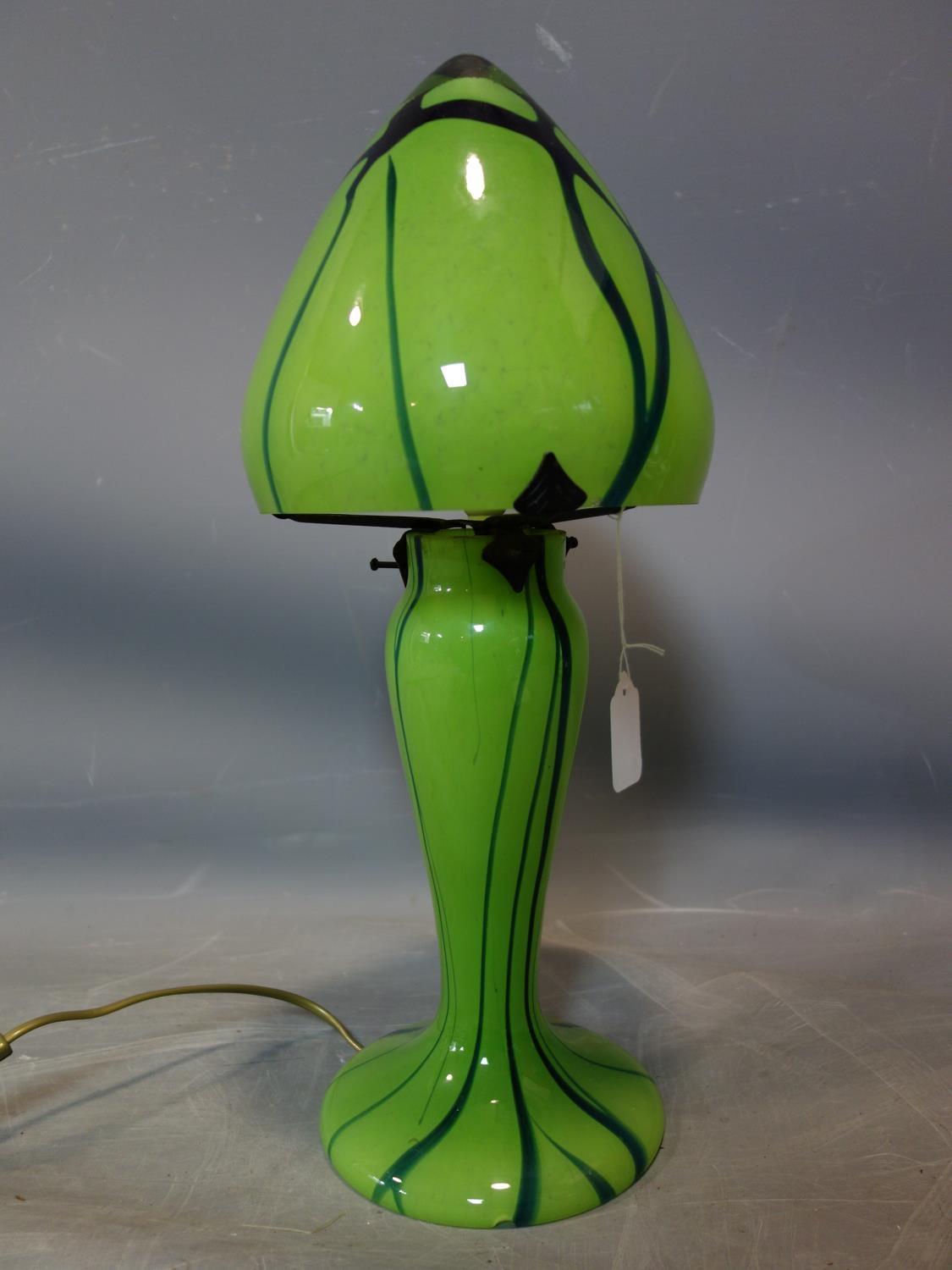 A vintage green glass mushroom lamp, signed, H.46cm