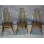 A pair of Ercol stick back Quaker chairs, model 365, both with gold Ercol badges, H.97cm, together