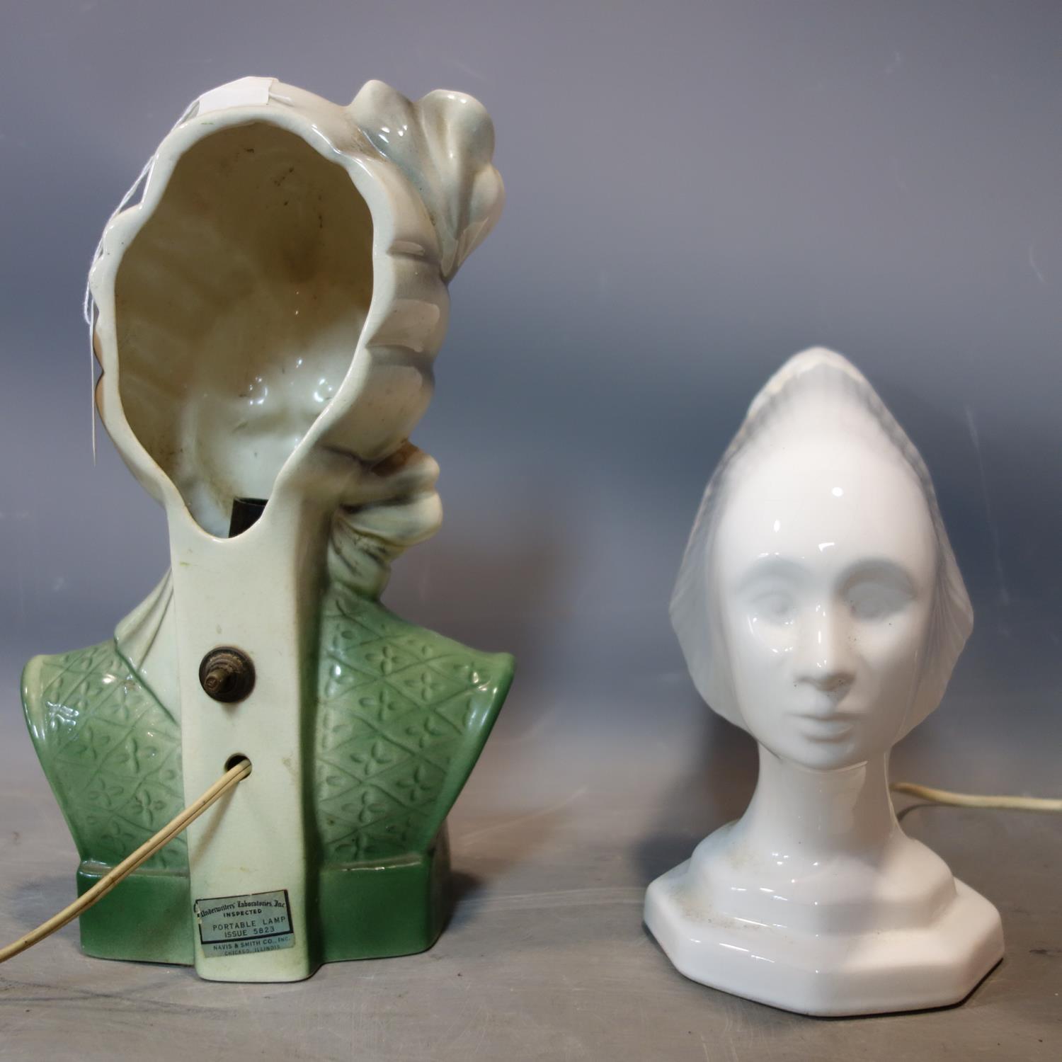 A vintage white ceramic lamp in the form of the spirit of the wind, together with a ceramic bust - Image 2 of 3