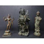 Three antique Bronze figures to include a Chinese warrior and two Tibetan religious figures