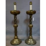 A pair of 19th century brass candlesticks, converted to lamps, H.62cm