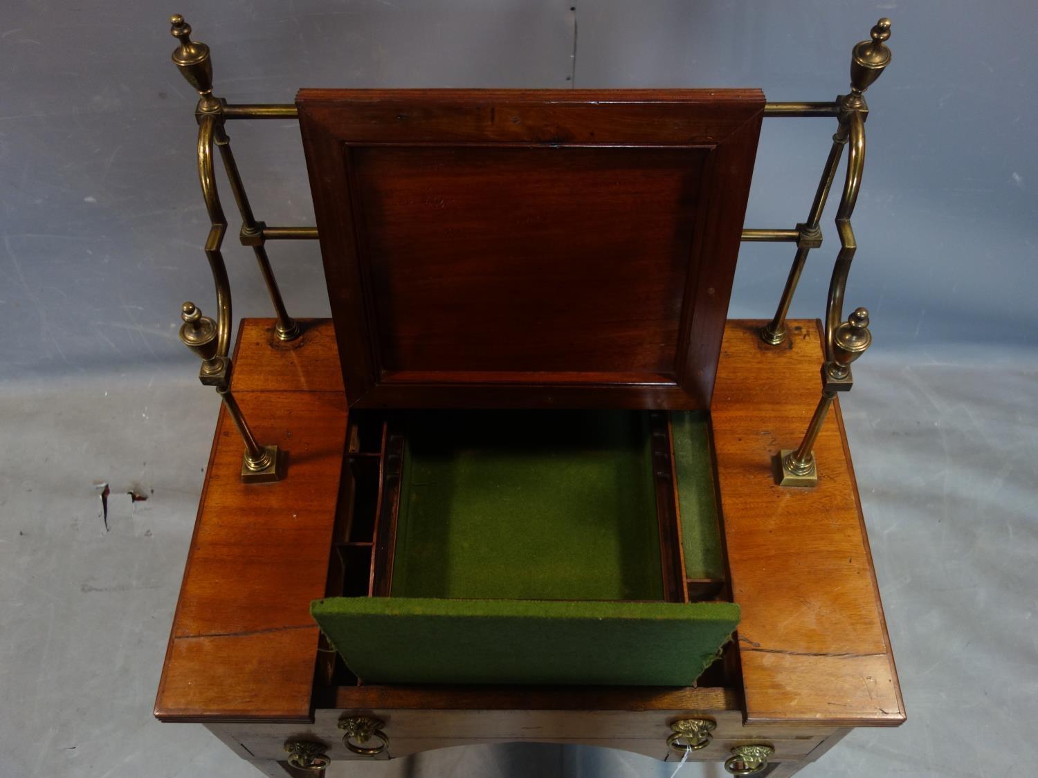 A George III mahogany clerks desk, with brass gallery top, raised on tapered legs and castors, H.130 - Image 4 of 6